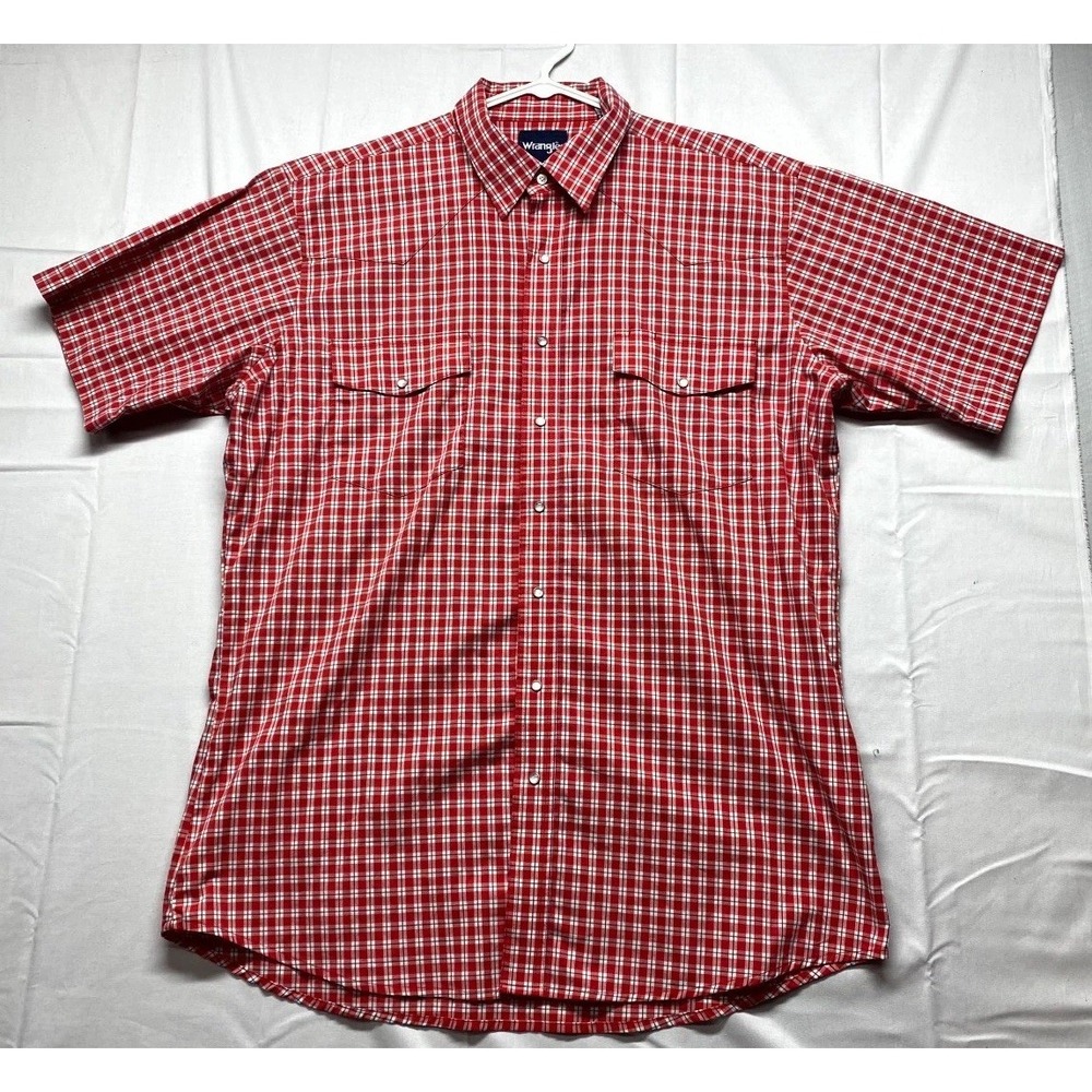 Wrangler Western Shirt Mens XLT Red Plaid Chest Pockets Short Sleeve Snap Front